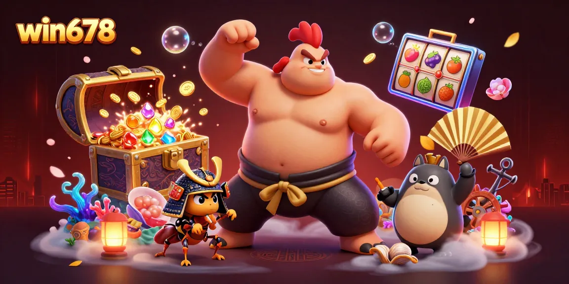 Win678 online casino gaming scene with sumo rooster, samurai cricket, and treasure elements