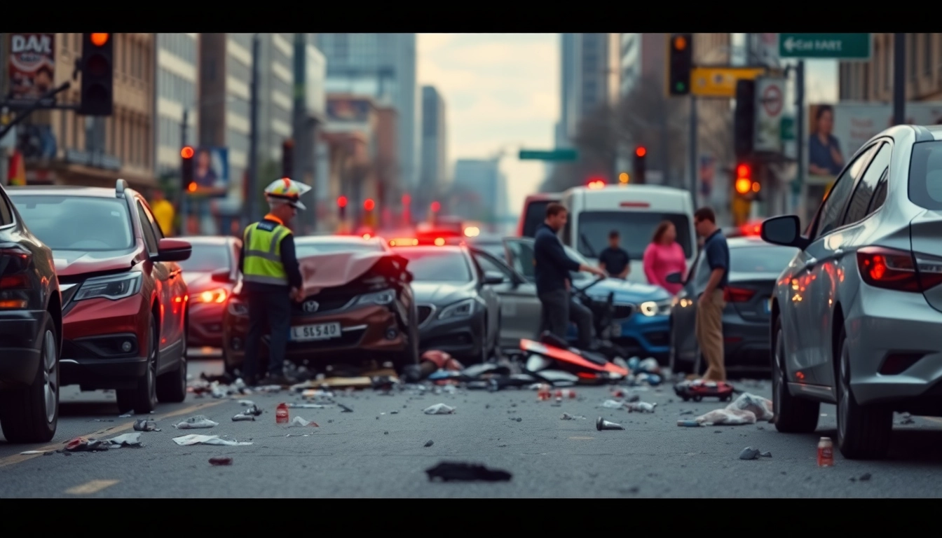 Road accident aftermath showing damaged vehicles and emergency responders in an urban setting.