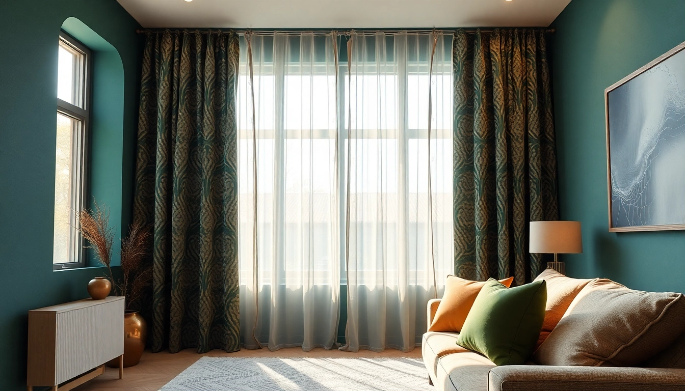 Gordijnen velours in een elegant interieur met diepgroene muren.