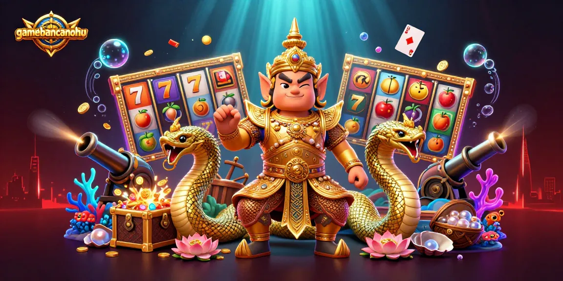 Play slots at gamebancanohu with vibrant characters and casino elements in a dynamic underwater scene.