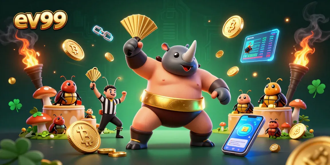 ev99 champions a thrilling crypto casino, featuring a sumo beetle and crypto coins in action.