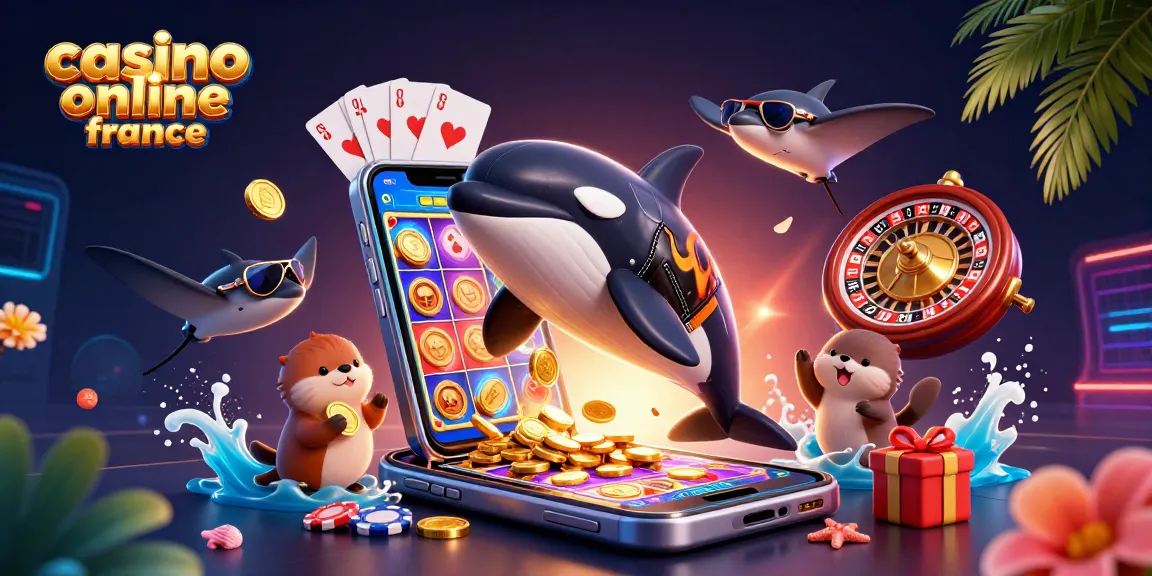 Découvrez des jetons d'or et un orque dans un casino en ligne France coloré pour gagner gros.