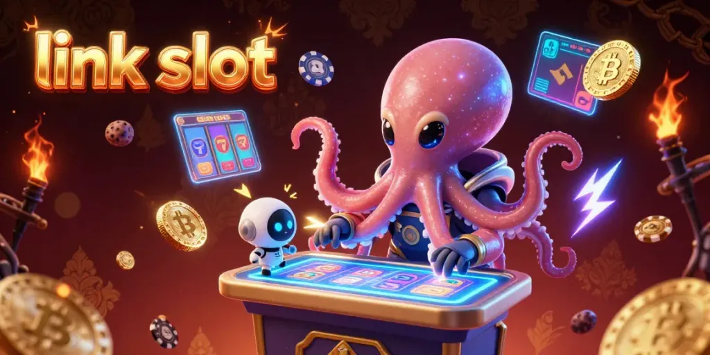 Slot link yang menarik dikelilingi oleh koin kripto dan jackpot. Nikmati permainan saat Anda menang!