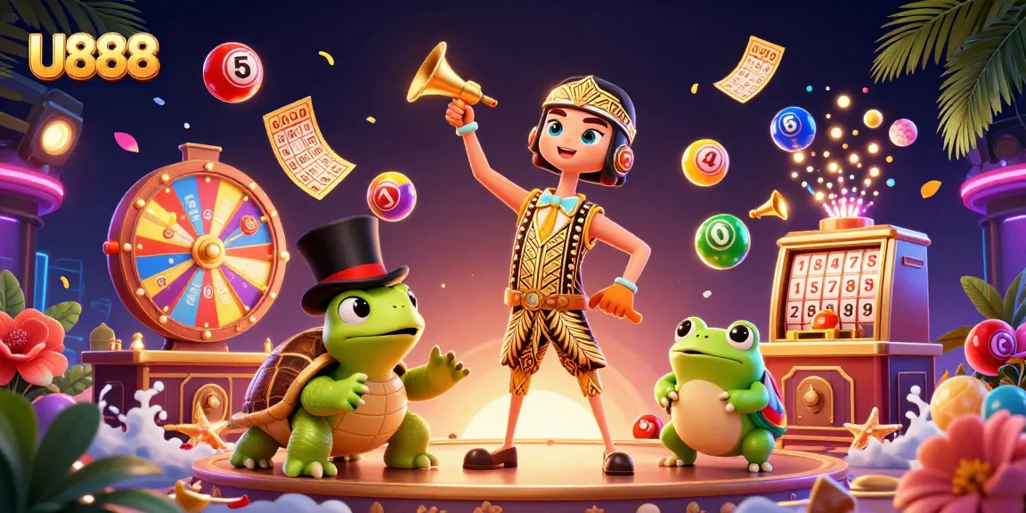 Experience the excitement of U888 with colorful lottery balls, a singing frog, and casino-themed festivities