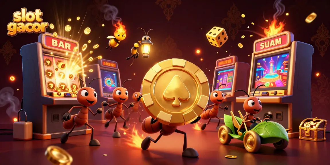 Experience the thrill of slot gacor with ants heisting a giant poker chip amidst a casino explosion.