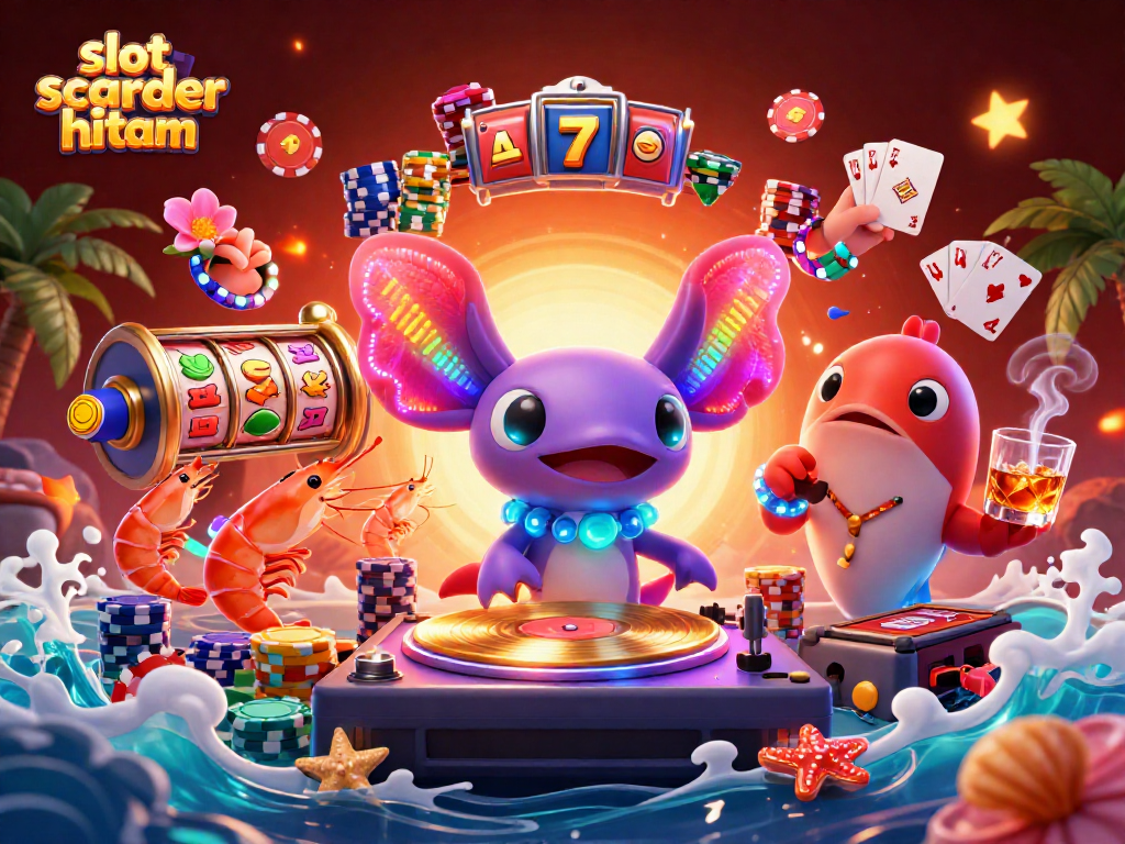 Win with slot scatter hitam in a vibrant 3D casino scene featuring lively characters and dynamic game elements.