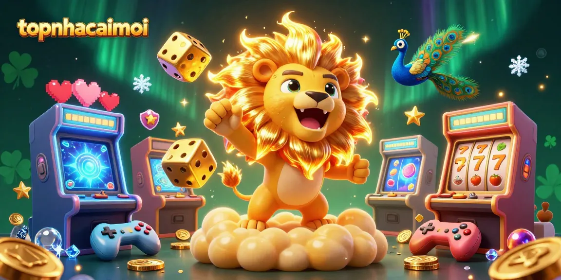 Experience the thrill of topnhacaimoi with a vibrant casino scene featuring a roaring sun lion among slots and golden dice.