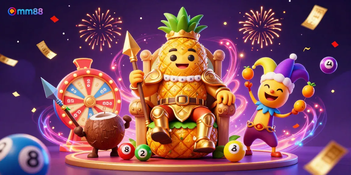 Engage with mm88's thrilling casino atmosphere featuring a lively golden pineapple king and vibrant lottery elements.