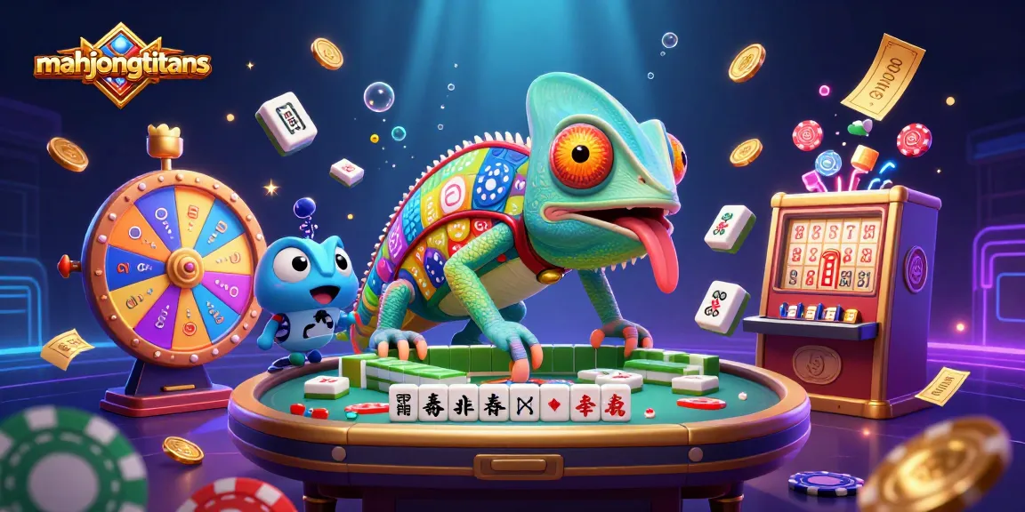 Play mahjongtitans with a vibrant casino atmosphere featuring colorful tiles and a playful chameleon character.