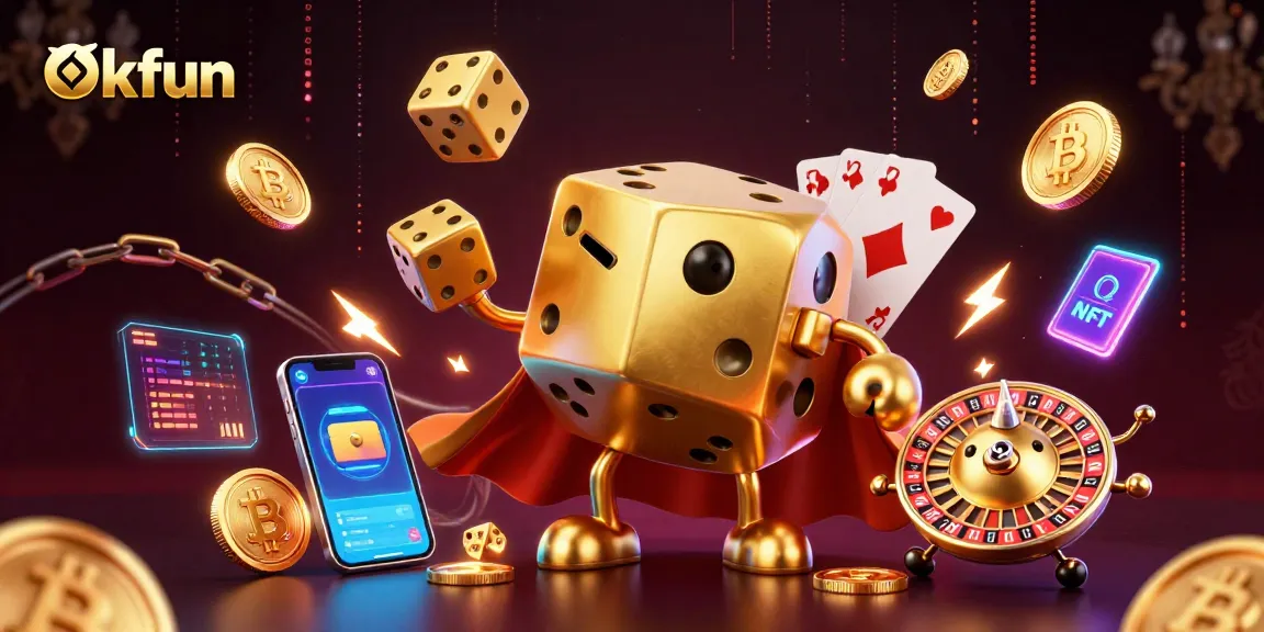 Okfun showcases a vibrant casino scene with a golden dice character and glowing cryptocurrency elements.