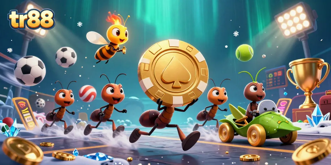 Chase exciting wins with tr88 as ants steal a giant poker chip surrounded by flying sports elements.