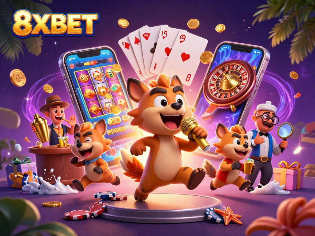 Experience the vibrant casino energy with 8XBET's playful hyenas at a comedy club.