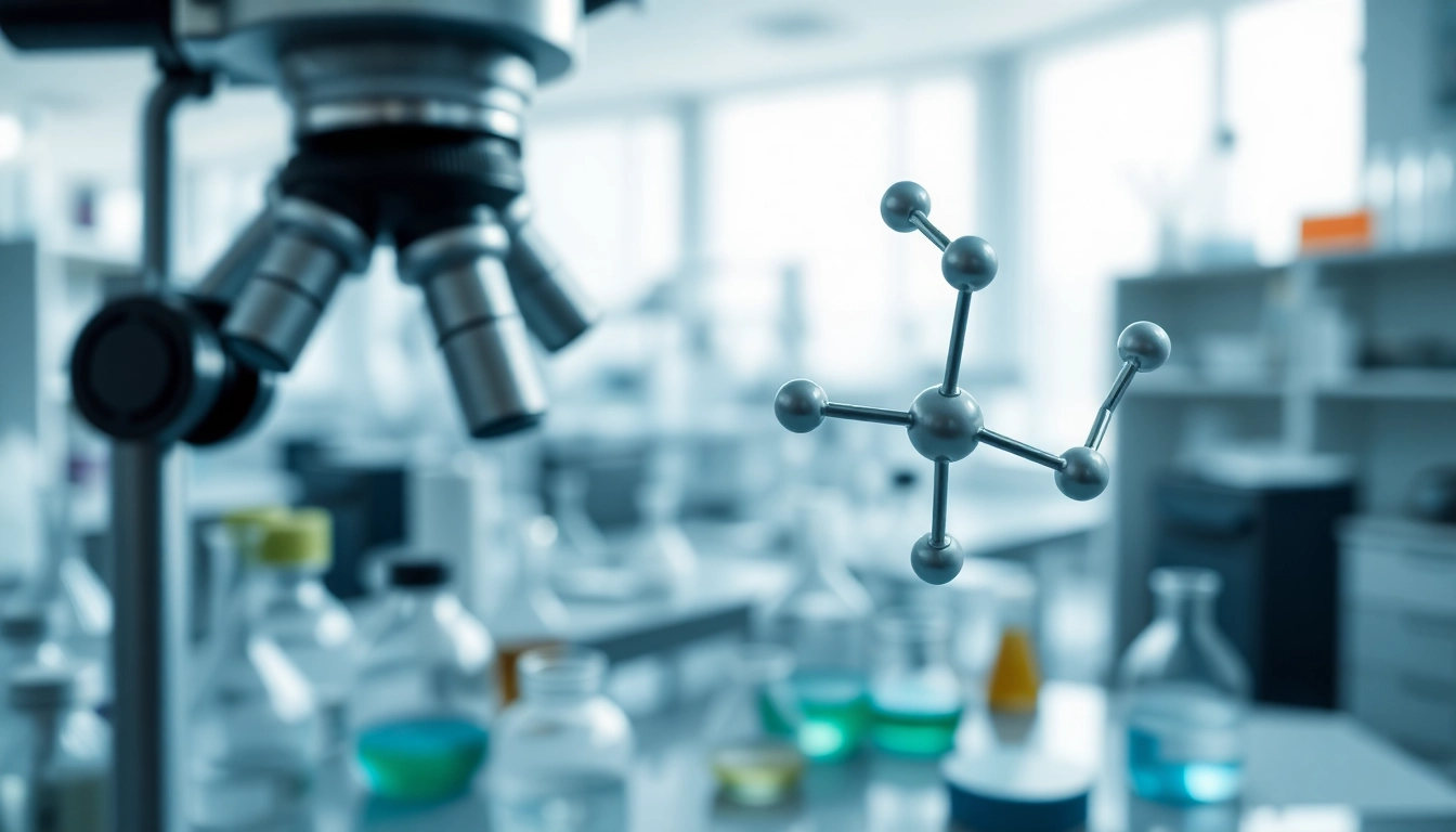 Showcase the molecular structure of ghk-cu in a professional lab setting with scientific instruments.