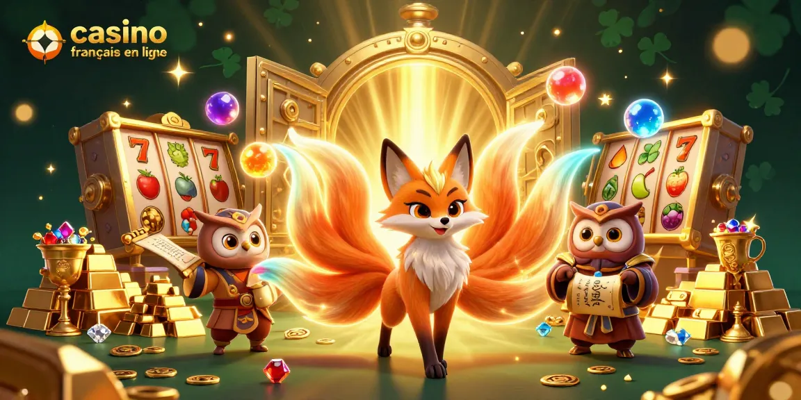 Le casino français en ligne attire avec une illustration dynamique de personnages et des éléments de machines à sous.