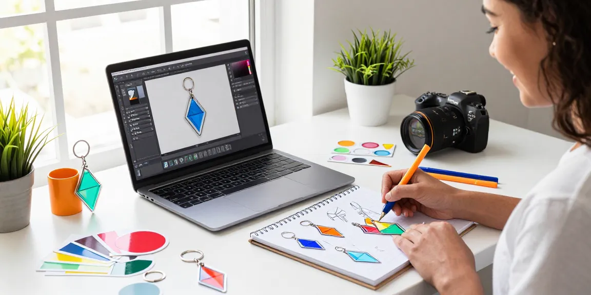 Custom Acrylic Diamond Keychain design process with vibrant materials and creative workspace.