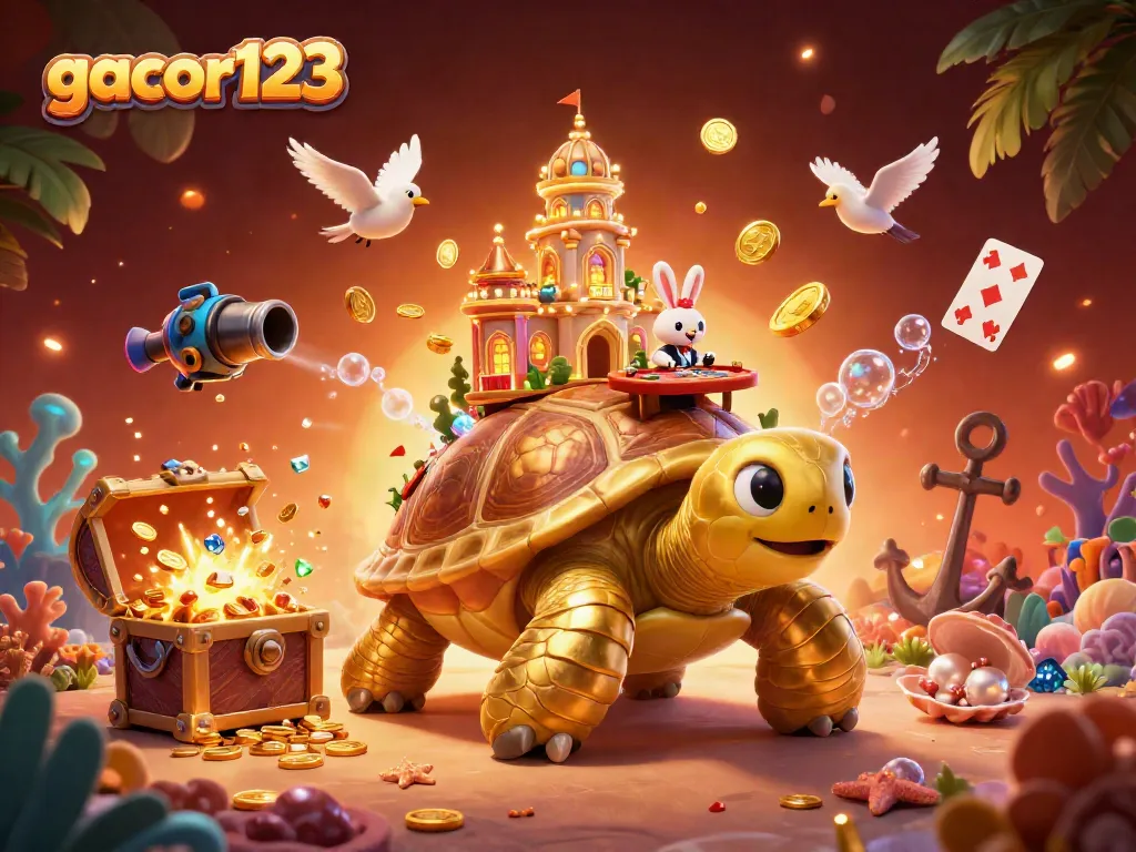 Experience gacor123's vibrant casino world with gold coins, a rabbit dealer, and a golden tortoise.