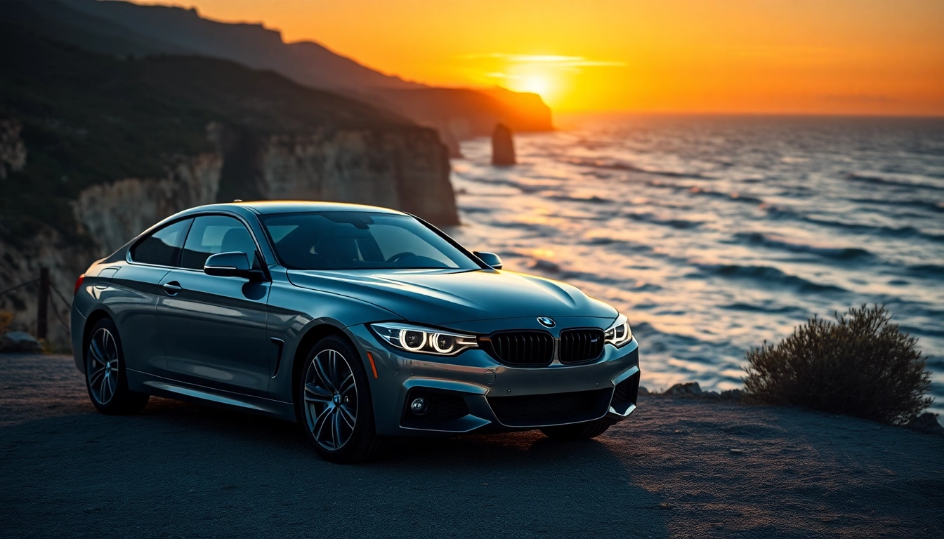 Showcasing a Luxury BMW car against a stunning cliffside sunset backdrop.