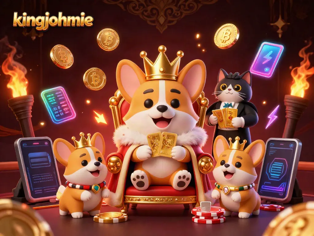Experience kingjohnnie's majestic corgi casino scene filled with crypto and gaming elements.