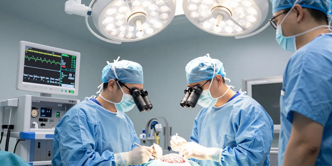 Beyin ameliyatı in a modern operating room showcasing a neurosurgeon performing surgery with high-tech equipment.