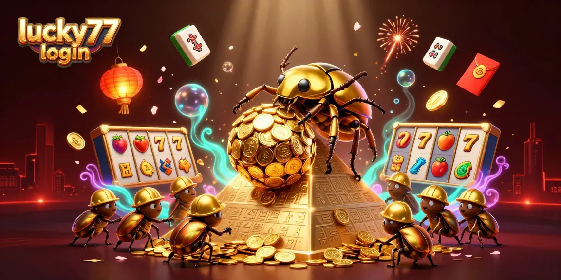 Join the excitement with lucky77 login as cartoon beetles celebrate casino wins.