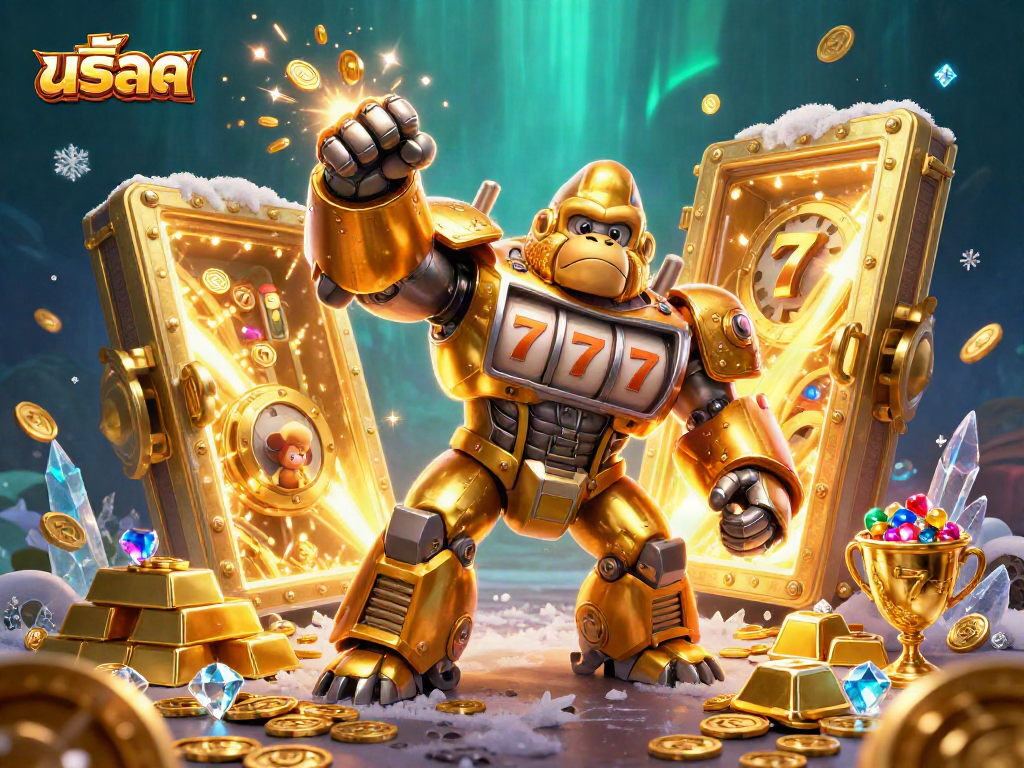 Engage with สล็อต and experience exciting slot action with a golden gorilla mech and vibrant treasure scene.