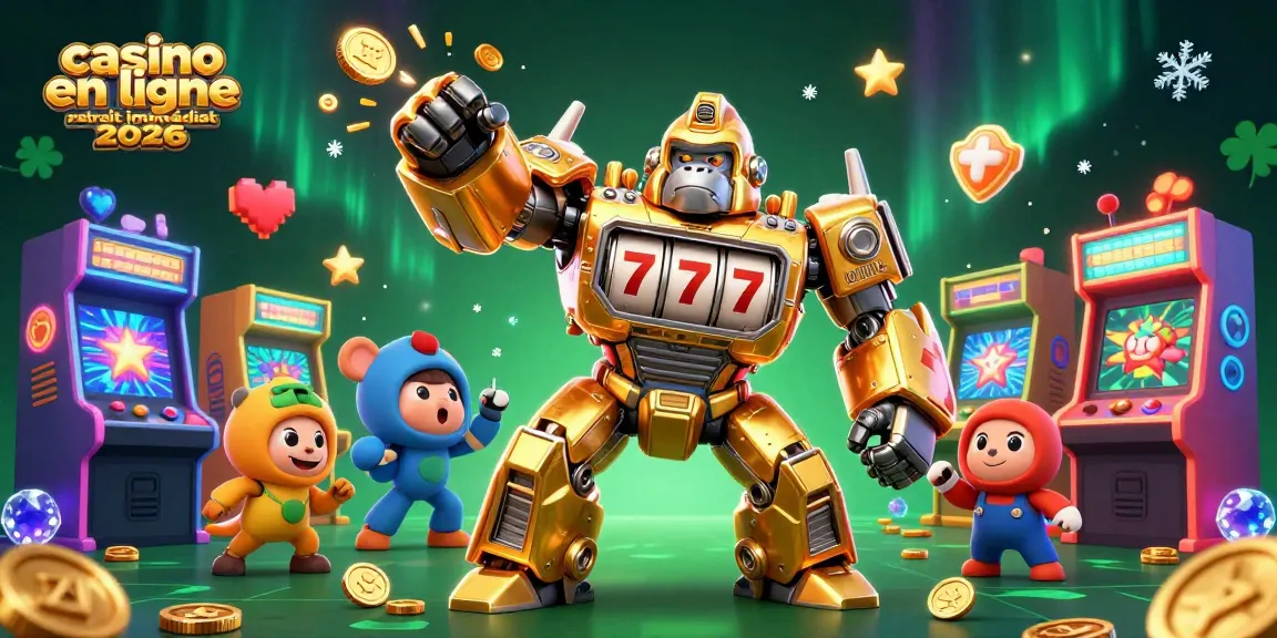 Illustration animée dynamique du gorille robot en or symbolisant le casino en ligne retrait immédiat 2026 avec des éléments de jeux d'arcade.