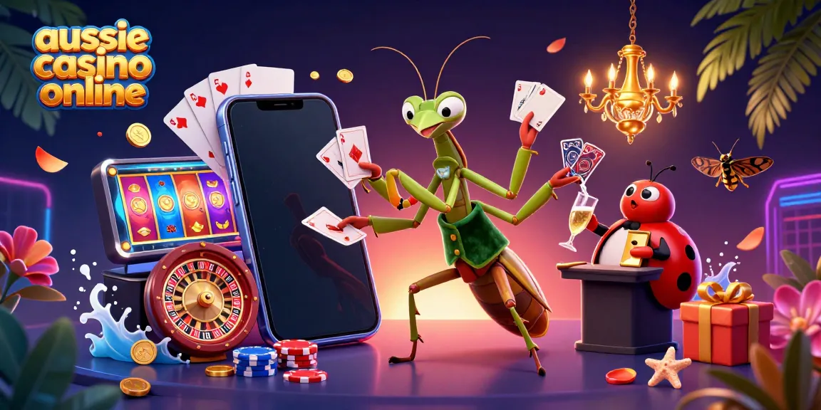 Aussie casino online scene featuring a giant praying mantis dealing cards with colorful slot game and poker chips.