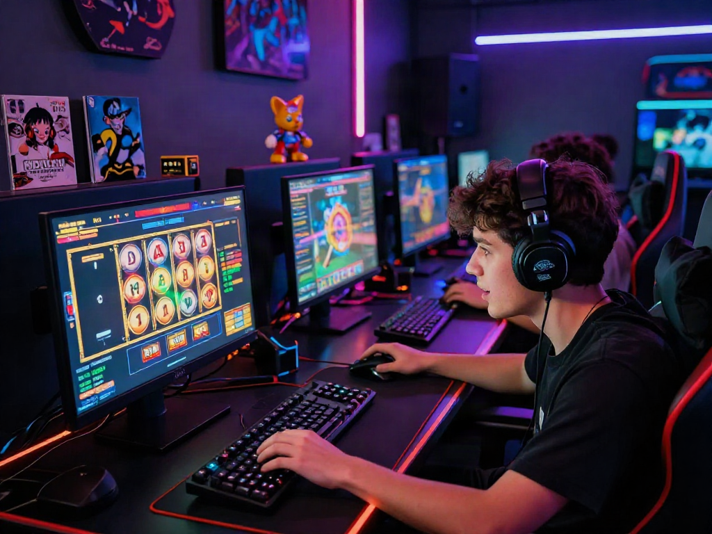 Engaged gamer immersed in สล็อตเว็บตรง experience with colorful interface and gaming accessories in vibrant gaming room.