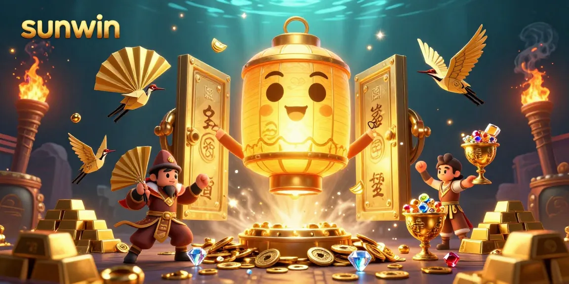Experience the magic of sunwin with vibrant casino visuals of shining treasures and enchanting characters.