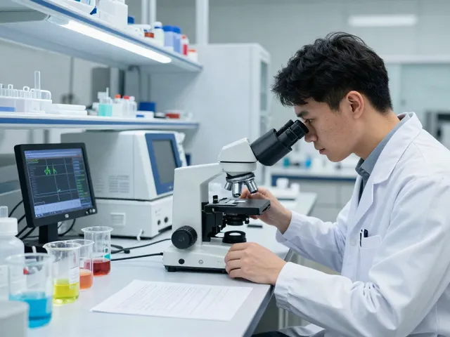 Scientist analyzing GLOW peptide blend 70MG under a microscope in a lab.