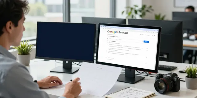 SEO bureau Gouda consultant analyzing website performance and Google Business Profile in a modern office.