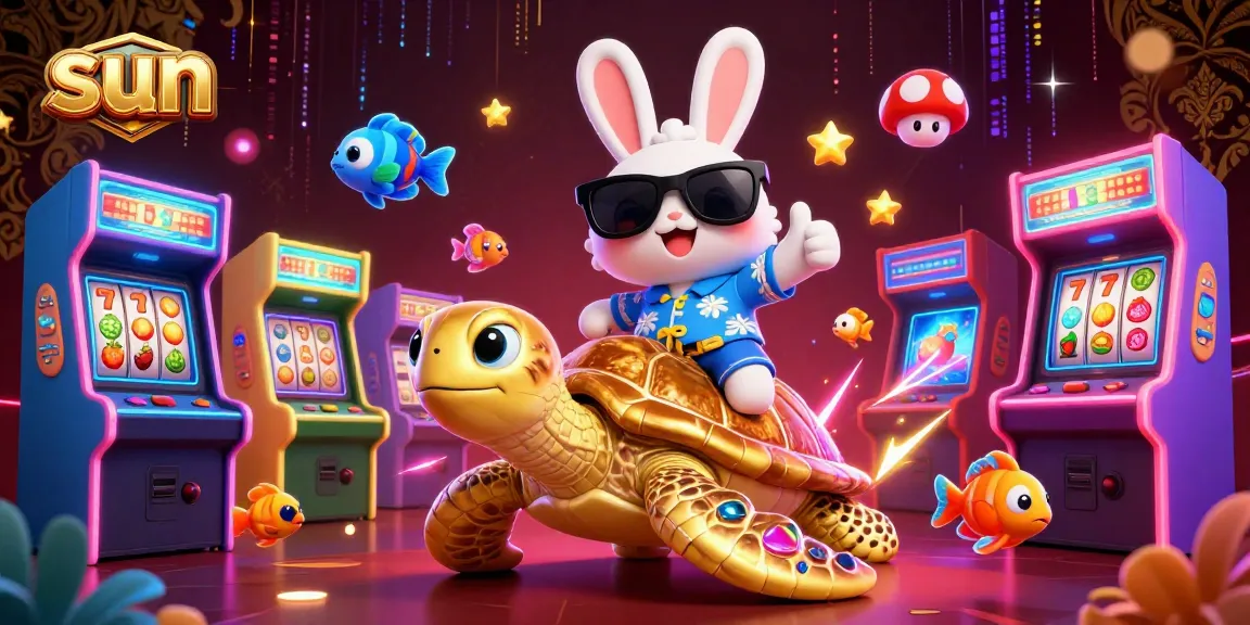 The sun-inspired slot game scene features a lucky rabbit and a sea turtle in a vibrant casino!
