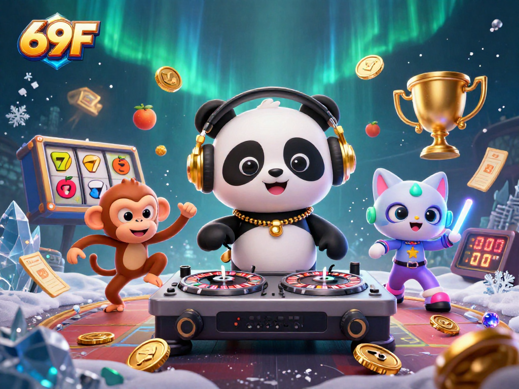 Entre no mundo do jogo com 69F, um panda DJ vibrante rodeado de símbolos de caça-níqueis e diversão.