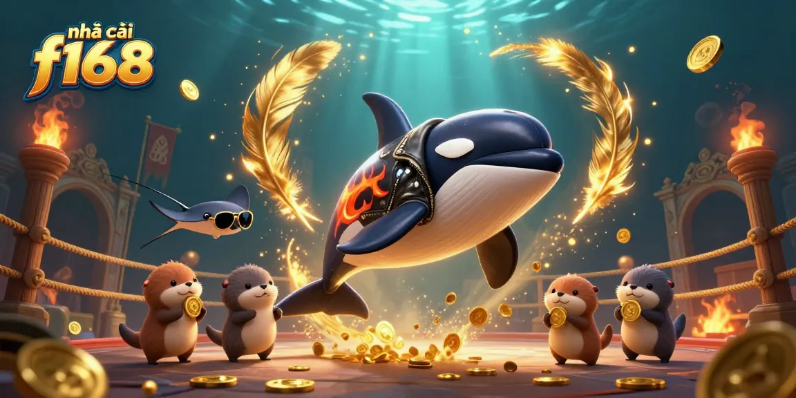 Engage with nhà cái f168 in a dynamic underwater scene featuring an orca whale and sea otters with golden coins.