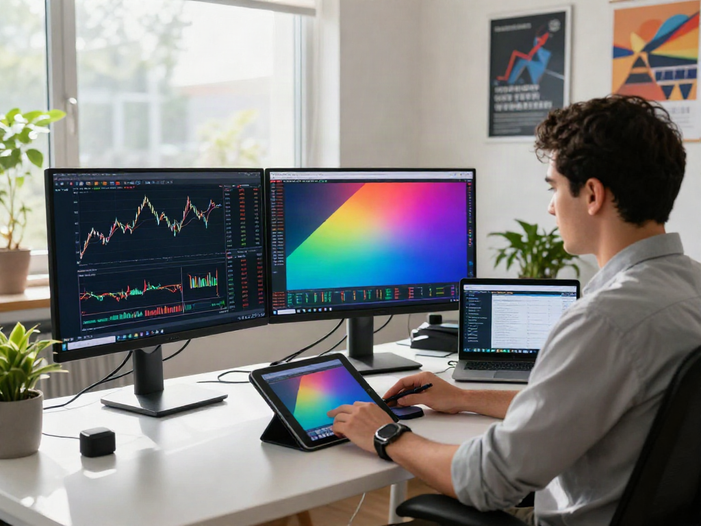 Trader using TradingView to analyze financial markets in a modern workspace.