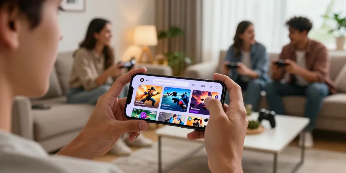 Pengguna HWGSLOT memainkan permainan online di smartphone dengan antarmuka elegan dan suasana nyaman.