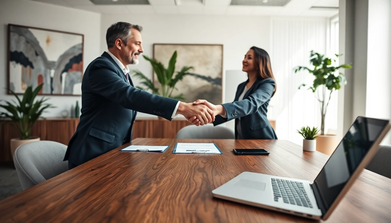 Engaging escrow services transaction visualizing collaboration in a professional setting.