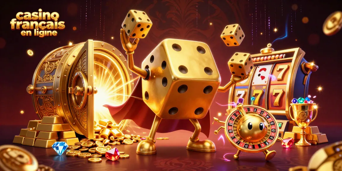 Le golem de dés dorés incarne l'essence du casino français en ligne avec une illustration captivante.