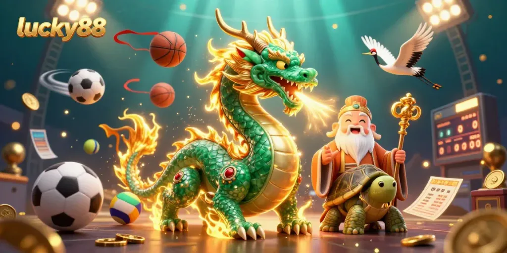 Experience the excitement of lucky88 with a vibrant illustration of a jade dragon and gaming elements.