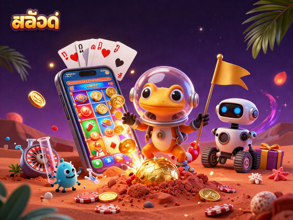 Engage with สล็อต excitement, featuring a Martian gecko uncovering a golden casino amidst colorful gaming elements.
