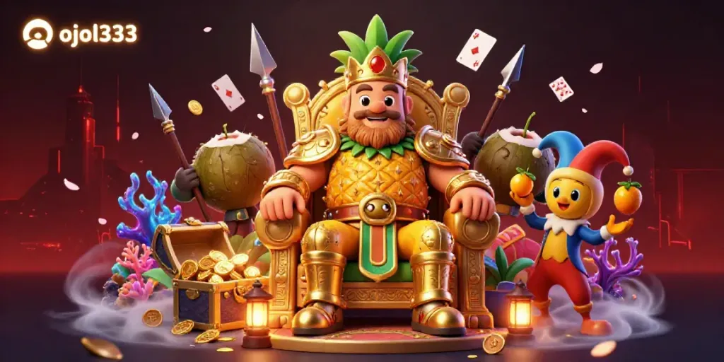 Engage with the exciting features of ojol333's cartoon-style casino illustration, showcasing vibrant characters and treasures.