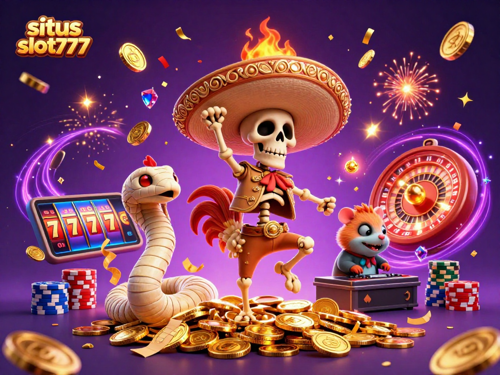 Engage with situs slot777 featuring a festive scene of a dancing mariachi rooster amid cascading coins and winning slot reels.