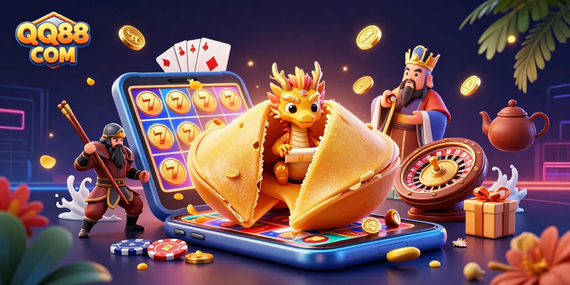 Engage in thrilling gaming at QQ88 COM with golden fortune cookie and casino elements.