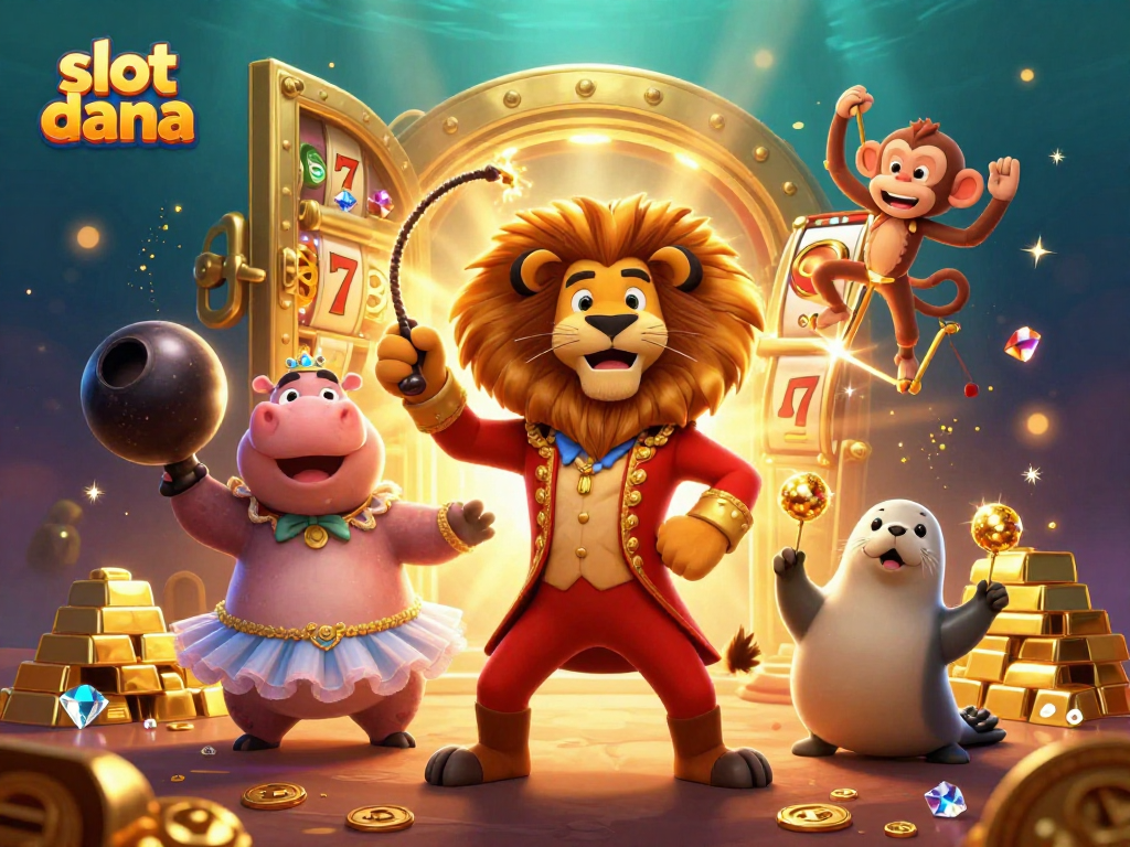 Experience thrilling gameplay at slot dana with dynamic cartoon characters amidst piles of gold and slot reels.