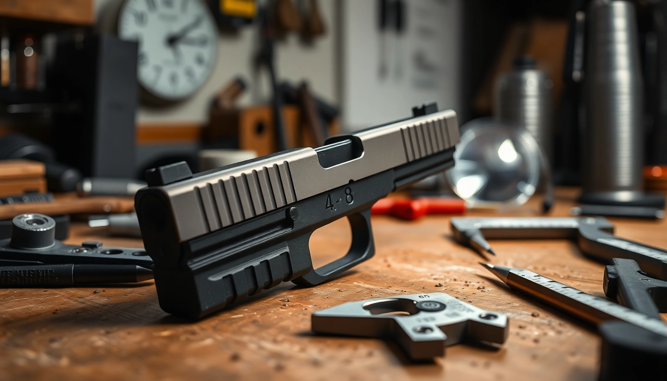 Showcase Glock 48 complete slide with its detailed components in a professional workshop.