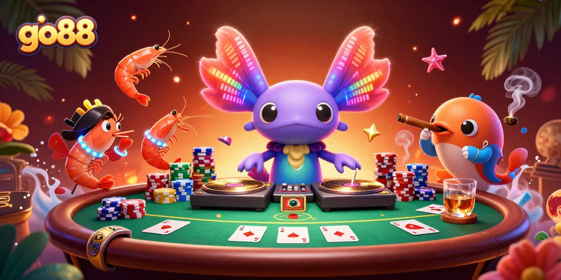 Enjoying a lively go88 poker game with a neon axolotl DJ, vibrant shrimp dancers, and exciting casino elements.