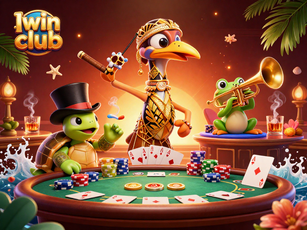 Iwin club invites you to enjoy a vibrant scene showcasing poker chips and characters celebrating in a lively casino setting.