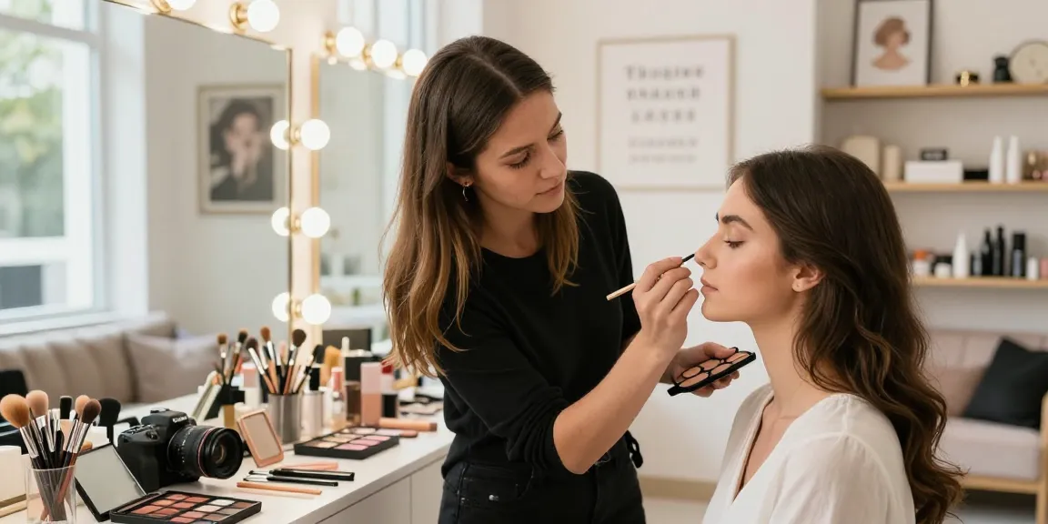 Trucco personalizzato in un elegante studio di bellezza, truccatrice che applica il trucco su misura per una cliente.