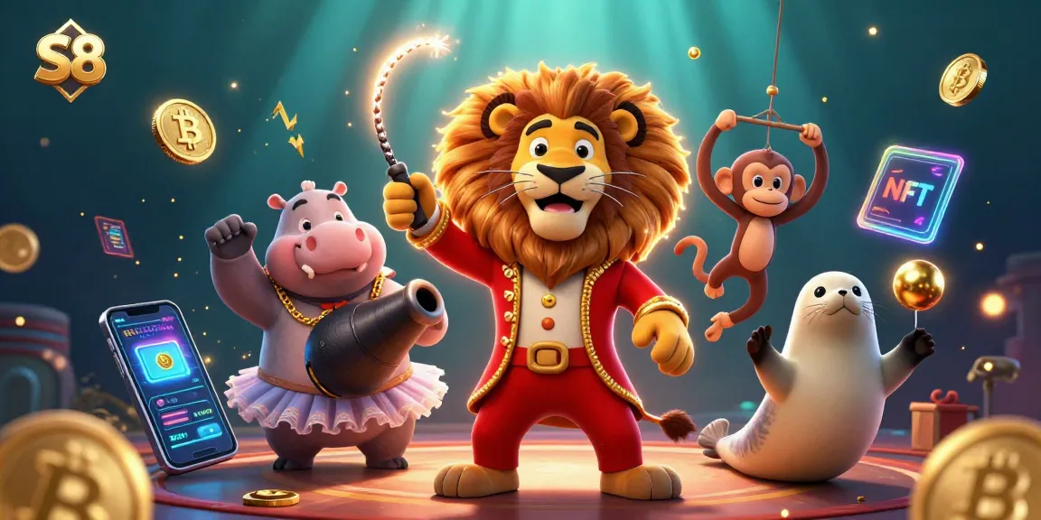 Experience the dynamic S8 casino world with a lion ringmaster, vibrant characters, and crypto elements.