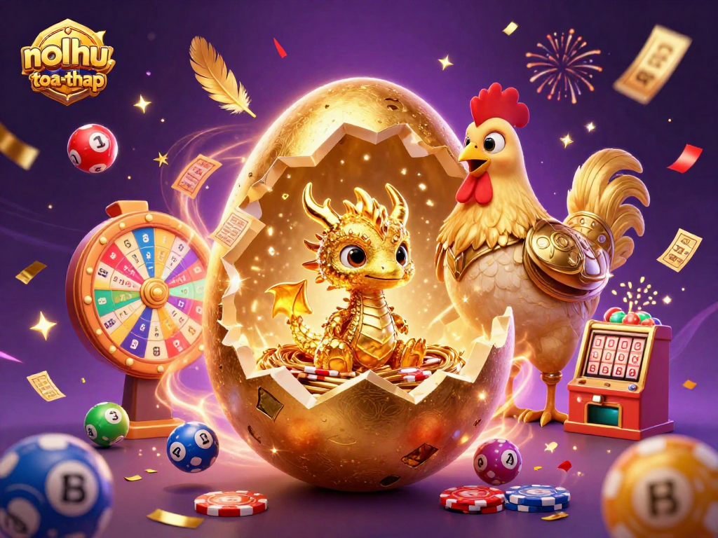 Nest of poker chips with golden egg and dragon creates excitement in nohu-toa-thap casino game.